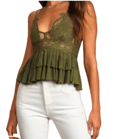 Free People Large Crochet Lace Adella Camisole Olive Sparrow Green NWT - Picture 1 of 6